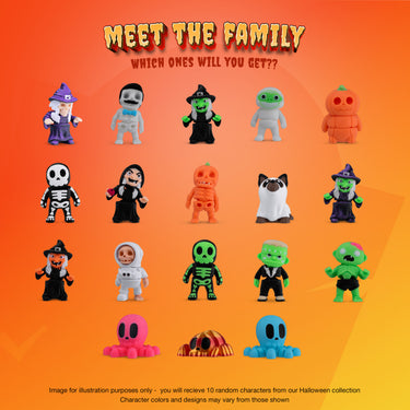 Halloween Mystery Box, 10 Articulated Spooky Figures with Pumpkin Container, Random Figures and Mystery Removeable Pumpkin Lid